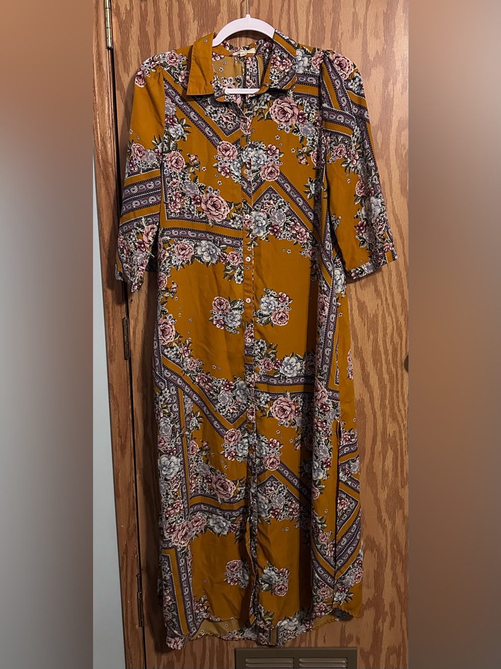 Women's Oddi - Oddy Mustard Floral Print Midi Button Front Collard Dress